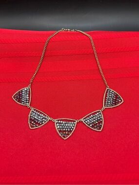 Elegant Costume Statement Necklace With Crystal  Triangular Shields Gold Tone